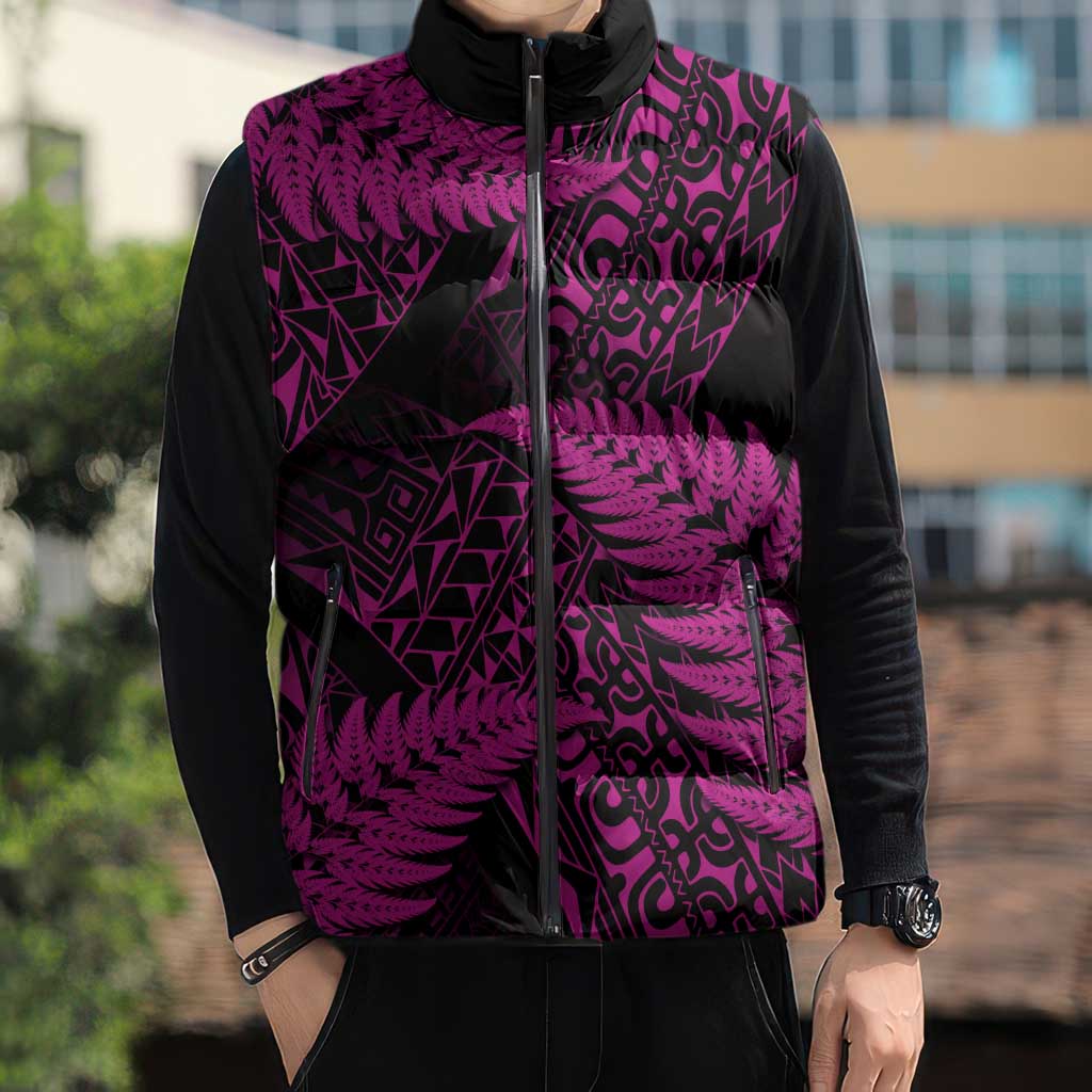 New Zealand Rugby Pacific Personalised Sleeveless Puffer Jacket All Pink Maori Pasifika Fern Pattern - Aussie Hoodie