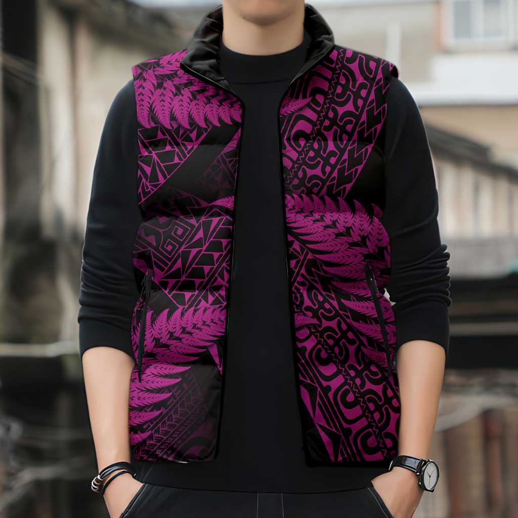 New Zealand Rugby Pacific Personalised Sleeveless Puffer Jacket All Pink Maori Pasifika Fern Pattern - Aussie Hoodie