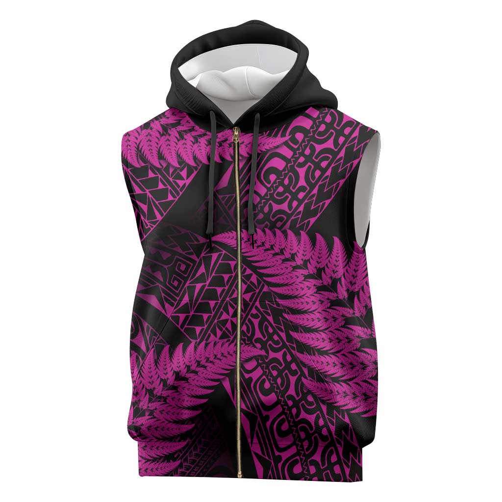 New Zealand Rugby Pacific Personalised Sleeveless Zip Hoodie All Pink Maori Pasifika Fern Pattern - Aussie Hoodie