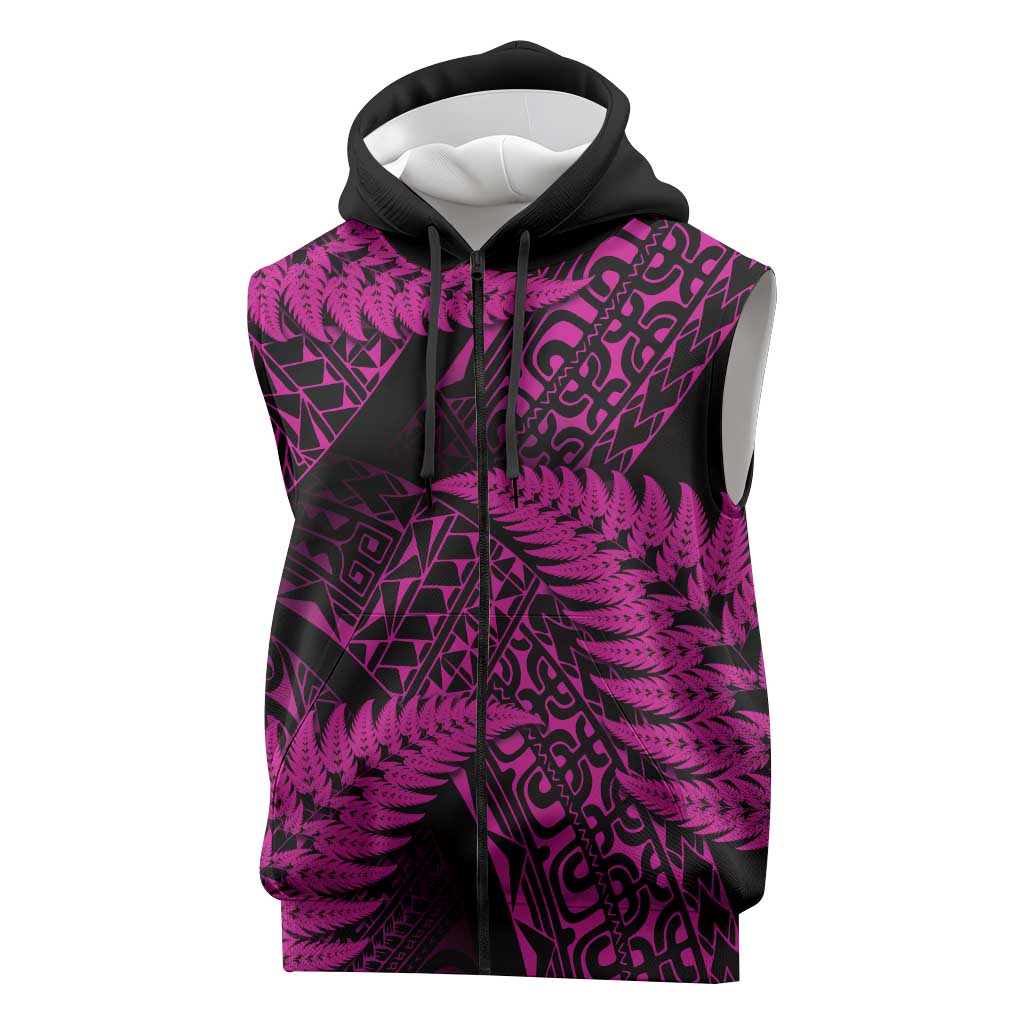 New Zealand Rugby Pacific Personalised Sleeveless Zip Hoodie All Pink Maori Pasifika Fern Pattern LT9