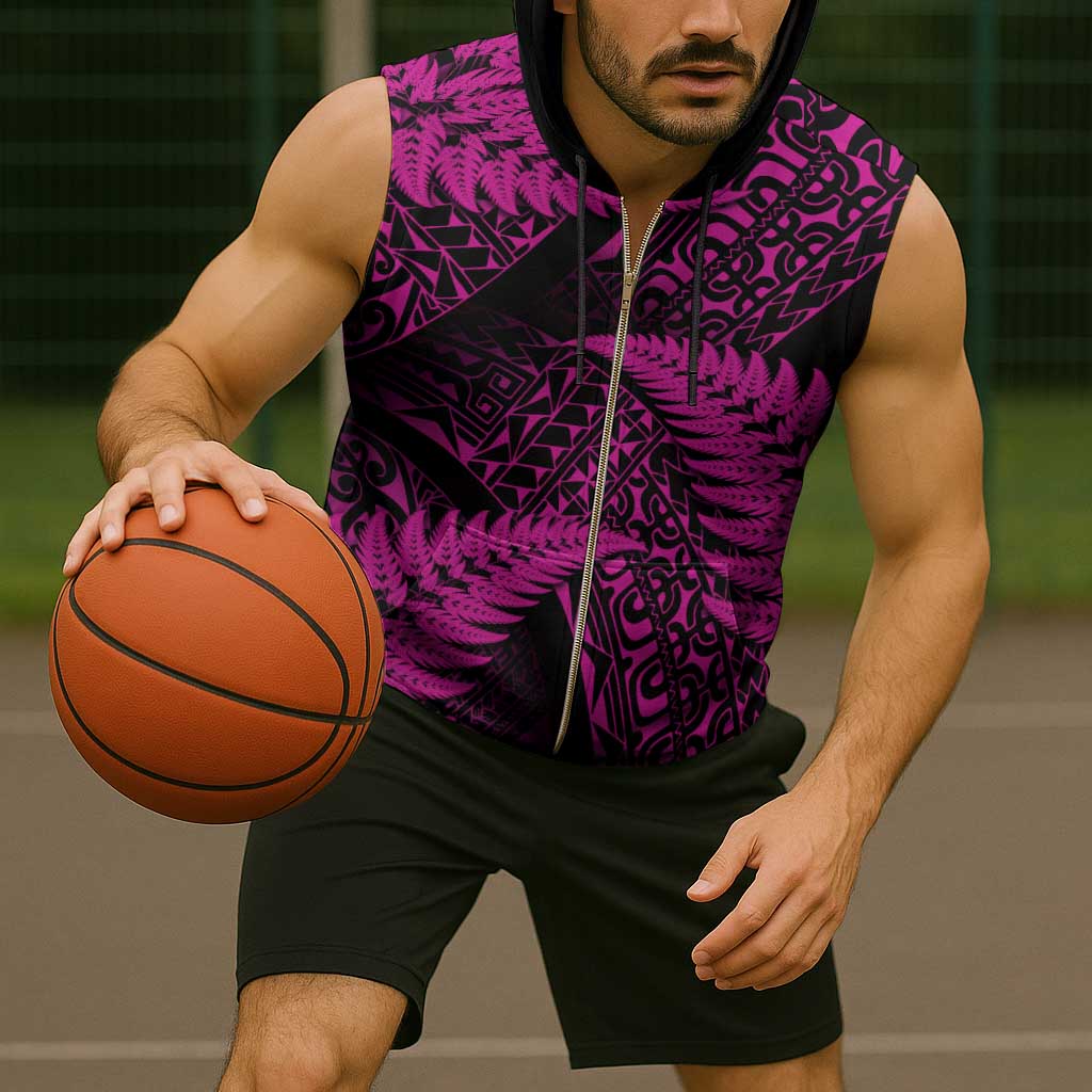 New Zealand Rugby Pacific Personalised Sleeveless Zip Hoodie All Pink Maori Pasifika Fern Pattern - Aussie Hoodie