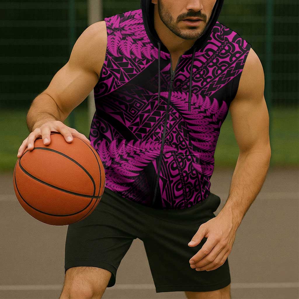 New Zealand Rugby Pacific Personalised Sleeveless Zip Hoodie All Pink Maori Pasifika Fern Pattern LT9