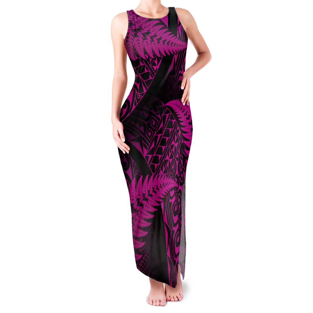 New Zealand Rugby Pacific Personalised Tank Maxi Dress All Pink Maori Pasifika Fern Pattern