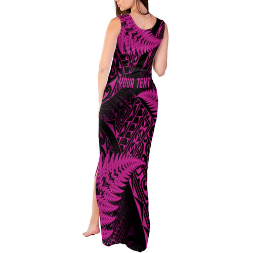 New Zealand Rugby Pacific Personalised Tank Maxi Dress All Pink Maori Pasifika Fern Pattern