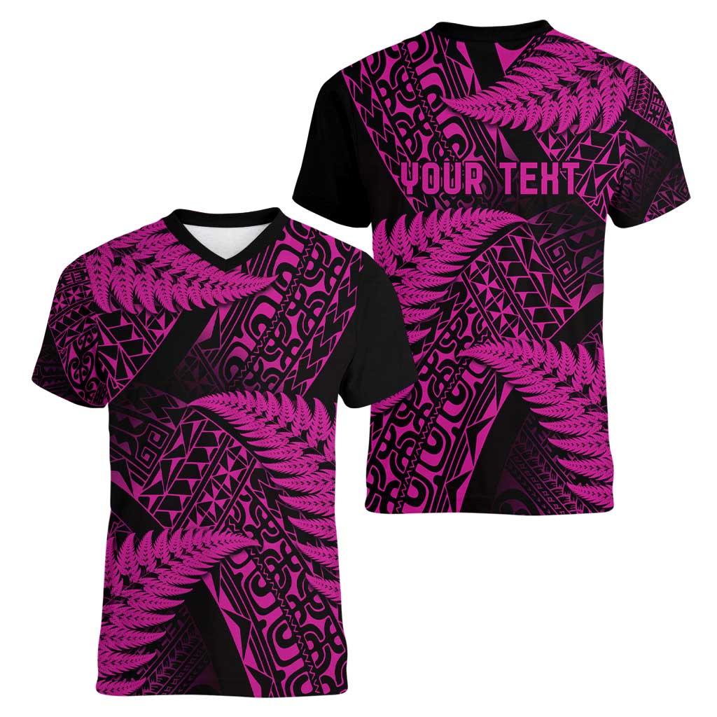 New Zealand Rugby Pacific Personalised Women V-Neck T-Shirt All Pink Maori Pasifika Fern Pattern