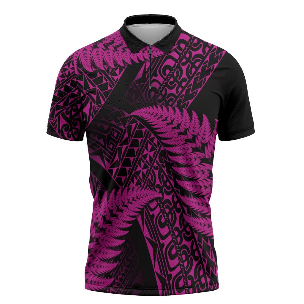 New Zealand Rugby Pacific Personalised Zipper Polo Shirt All Pink Maori Pasifika Fern Pattern - Aussie Hoodie