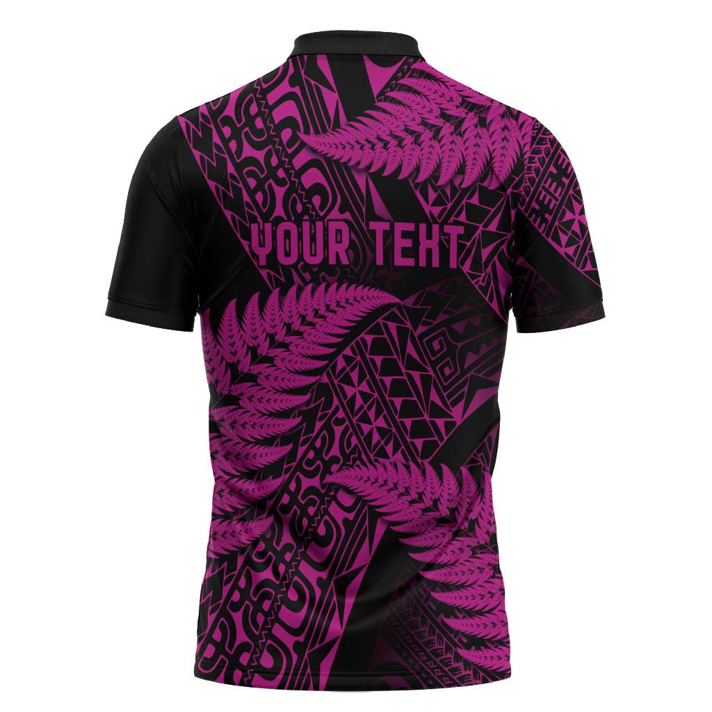New Zealand Rugby Pacific Personalised Zipper Polo Shirt All Pink Maori Pasifika Fern Pattern - Aussie Hoodie