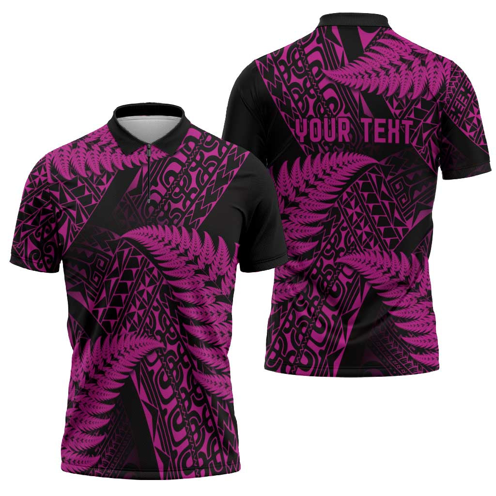 New Zealand Rugby Pacific Personalised Zipper Polo Shirt All Pink Maori Pasifika Fern Pattern - Aussie Hoodie