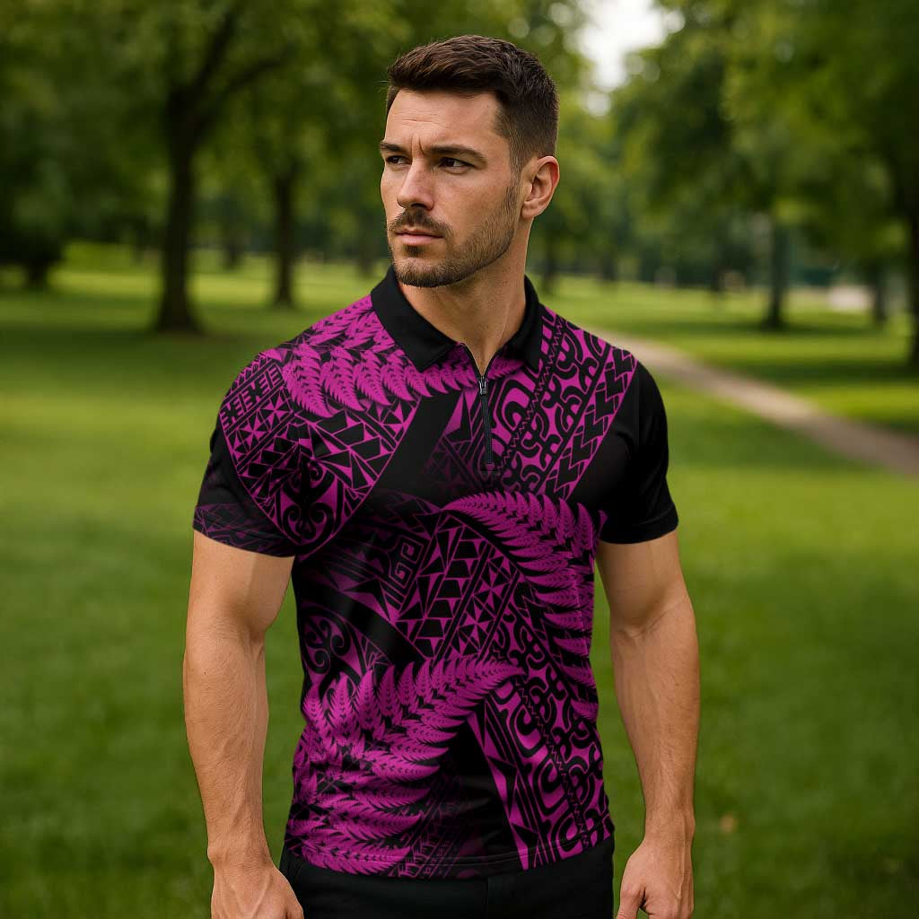 New Zealand Rugby Pacific Personalised Zipper Polo Shirt All Pink Maori Pasifika Fern Pattern - Aussie Hoodie