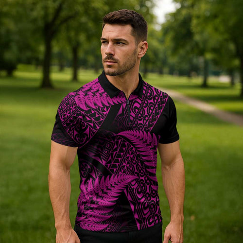 New Zealand Rugby Pacific Personalised Zipper Polo Shirt All Pink Maori Pasifika Fern Pattern - Aussie Hoodie