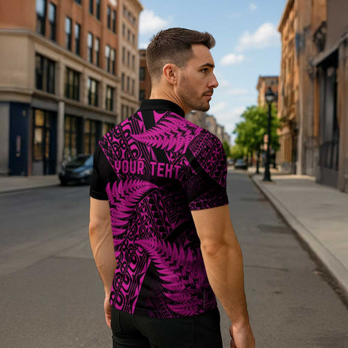 New Zealand Rugby Pacific Personalised Zipper Polo Shirt All Pink Maori Pasifika Fern Pattern - Aussie Hoodie