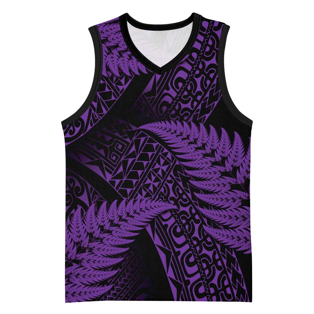 New Zealand Rugby Pacific Personalised Basketball Jersey All Purple Maori Pasifika Fern Pattern - Aussie Hoodie