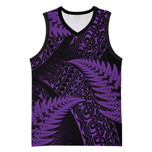 New Zealand Rugby Pacific Personalised Basketball Jersey All Purple Maori Pasifika Fern Pattern - Aussie Hoodie