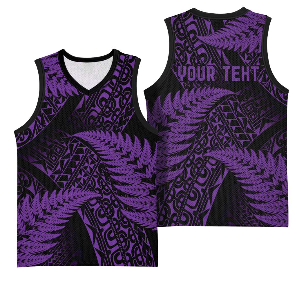 New Zealand Rugby Pacific Personalised Basketball Jersey All Purple Maori Pasifika Fern Pattern - Aussie Hoodie