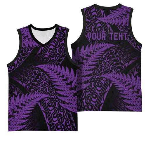 New Zealand Rugby Pacific Personalised Basketball Jersey All Purple Maori Pasifika Fern Pattern - Aussie Hoodie