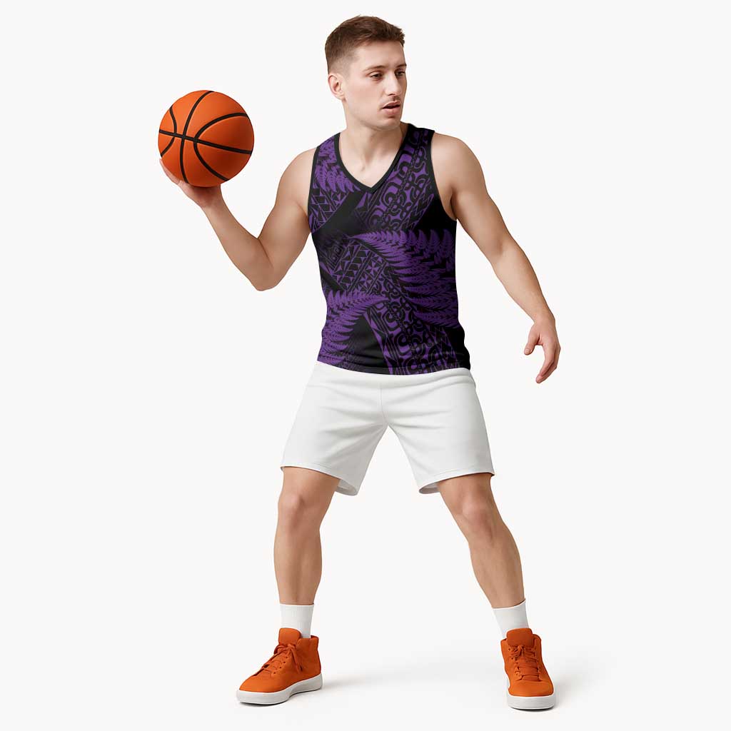 New Zealand Rugby Pacific Personalised Basketball Jersey All Purple Maori Pasifika Fern Pattern - Aussie Hoodie