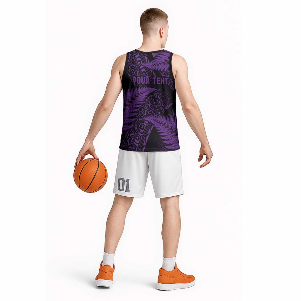 New Zealand Rugby Pacific Personalised Basketball Jersey All Purple Maori Pasifika Fern Pattern - Aussie Hoodie