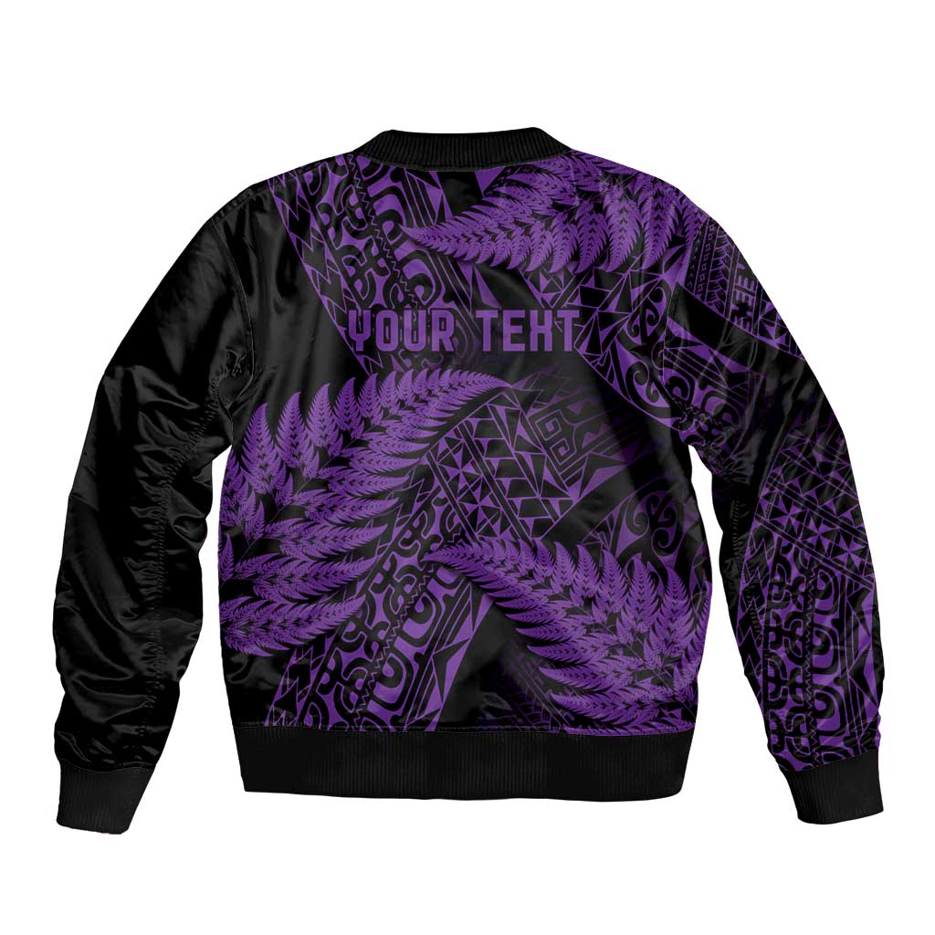 New Zealand Rugby Pacific Personalised Bomber Jacket All Purple Maori Pasifika Fern Pattern