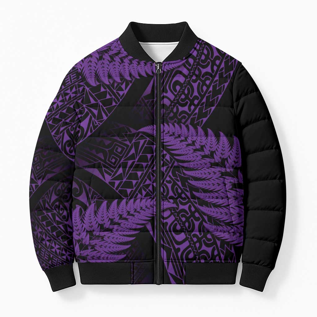 New Zealand Rugby Pacific Personalised Bomber Puffer Jacket All Purple Maori Pasifika Fern Pattern - Aussie Hoodie