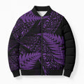 New Zealand Rugby Pacific Personalised Bomber Puffer Jacket All Purple Maori Pasifika Fern Pattern - Aussie Hoodie