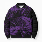 New Zealand Rugby Pacific Personalised Bomber Puffer Jacket All Purple Maori Pasifika Fern Pattern - Aussie Hoodie