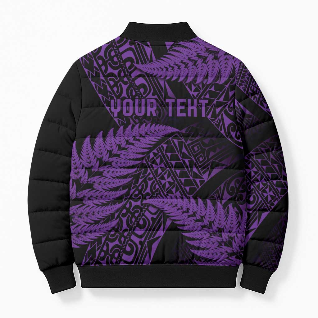 New Zealand Rugby Pacific Personalised Bomber Puffer Jacket All Purple Maori Pasifika Fern Pattern - Aussie Hoodie
