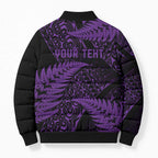 New Zealand Rugby Pacific Personalised Bomber Puffer Jacket All Purple Maori Pasifika Fern Pattern - Aussie Hoodie