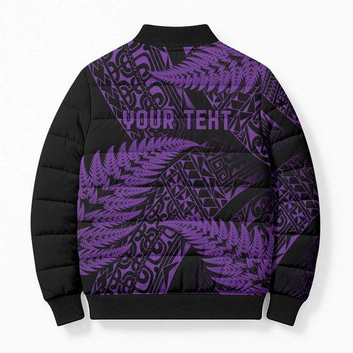 New Zealand Rugby Pacific Personalised Bomber Puffer Jacket All Purple Maori Pasifika Fern Pattern - Aussie Hoodie