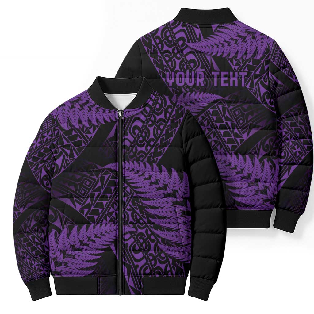 New Zealand Rugby Pacific Personalised Bomber Puffer Jacket All Purple Maori Pasifika Fern Pattern - Aussie Hoodie