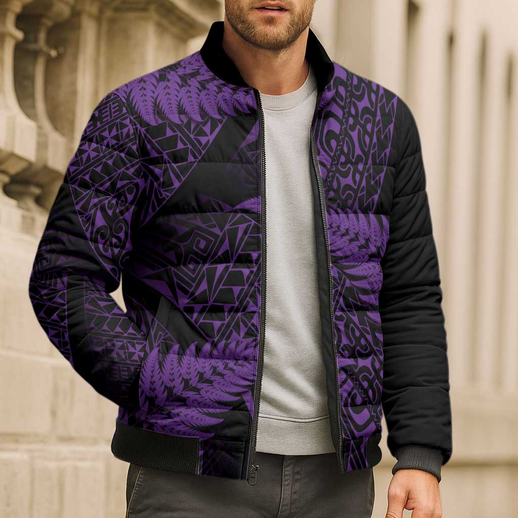 New Zealand Rugby Pacific Personalised Bomber Puffer Jacket All Purple Maori Pasifika Fern Pattern - Aussie Hoodie