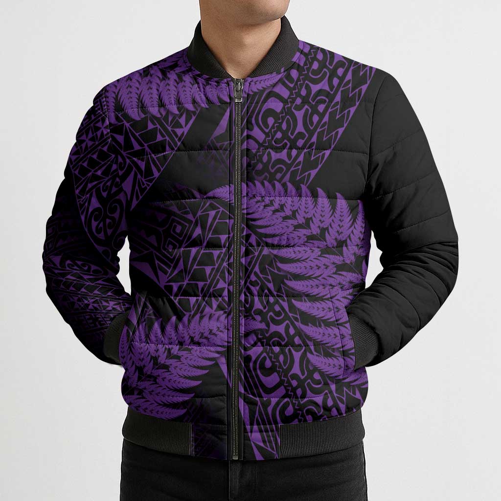 New Zealand Rugby Pacific Personalised Bomber Puffer Jacket All Purple Maori Pasifika Fern Pattern - Aussie Hoodie
