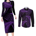 New Zealand Rugby Pacific Personalised Couples Matching Long Sleeve Bodycon Dress and Long Sleeve Button Shirt All Purple Maori Pasifika Fern Pattern