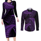 New Zealand Rugby Pacific Personalised Couples Matching Long Sleeve Bodycon Dress and Long Sleeve Button Shirt All Purple Maori Pasifika Fern Pattern