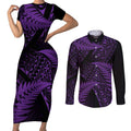New Zealand Rugby Pacific Personalised Couples Matching Short Sleeve Bodycon Dress and Long Sleeve Button Shirt All Purple Maori Pasifika Fern Pattern