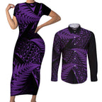 New Zealand Rugby Pacific Personalised Couples Matching Short Sleeve Bodycon Dress and Long Sleeve Button Shirt All Purple Maori Pasifika Fern Pattern