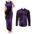 New Zealand Rugby Pacific Personalised Couples Matching Tank Maxi Dress and Long Sleeve Button Shirt All Purple Maori Pasifika Fern Pattern