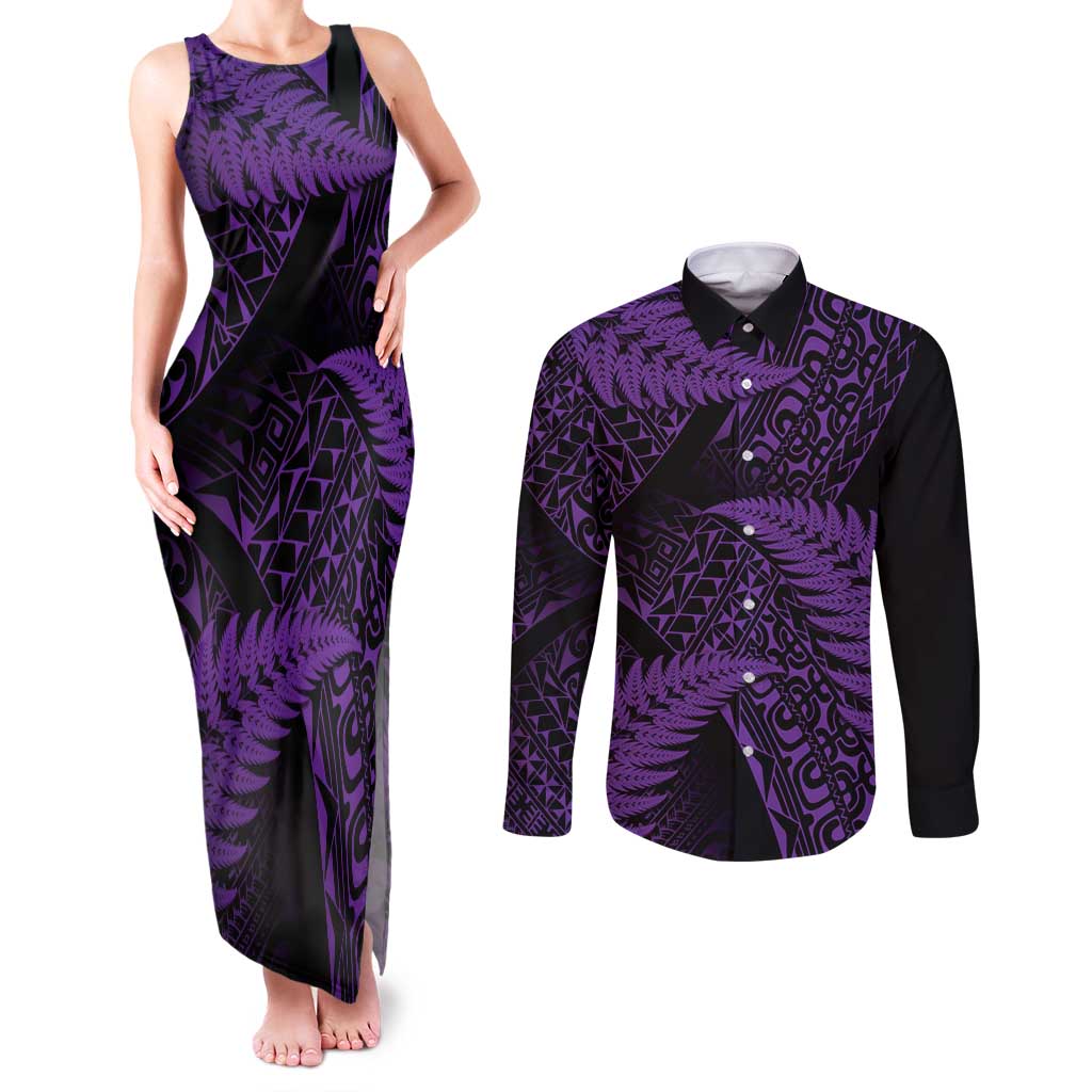 New Zealand Rugby Pacific Personalised Couples Matching Tank Maxi Dress and Long Sleeve Button Shirt All Purple Maori Pasifika Fern Pattern