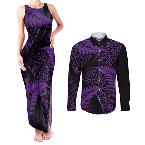 New Zealand Rugby Pacific Personalised Couples Matching Tank Maxi Dress and Long Sleeve Button Shirt All Purple Maori Pasifika Fern Pattern