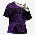 New Zealand Rugby Pacific Personalised Cross Shoulder Shirt All Purple Maori Pasifika Fern Pattern - Aussie Hoodie