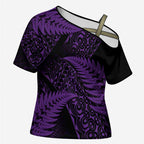 New Zealand Rugby Pacific Personalised Cross Shoulder Shirt All Purple Maori Pasifika Fern Pattern - Aussie Hoodie