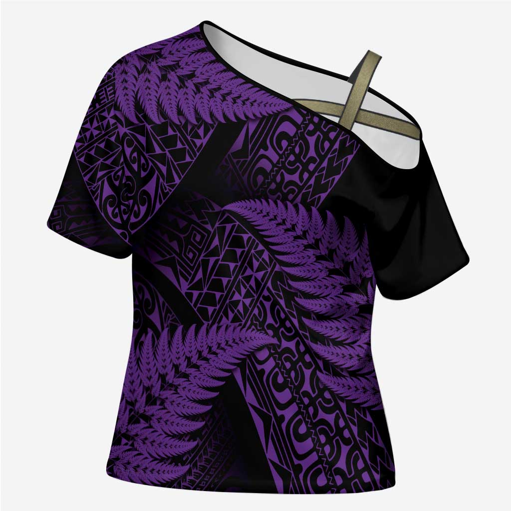 New Zealand Rugby Pacific Personalised Cross Shoulder Shirt All Purple Maori Pasifika Fern Pattern - Aussie Hoodie