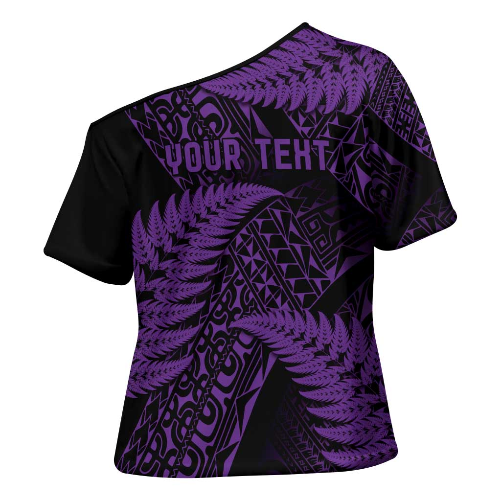 New Zealand Rugby Pacific Personalised Cross Shoulder Shirt All Purple Maori Pasifika Fern Pattern - Aussie Hoodie