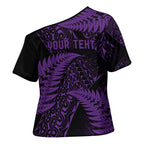 New Zealand Rugby Pacific Personalised Cross Shoulder Shirt All Purple Maori Pasifika Fern Pattern - Aussie Hoodie