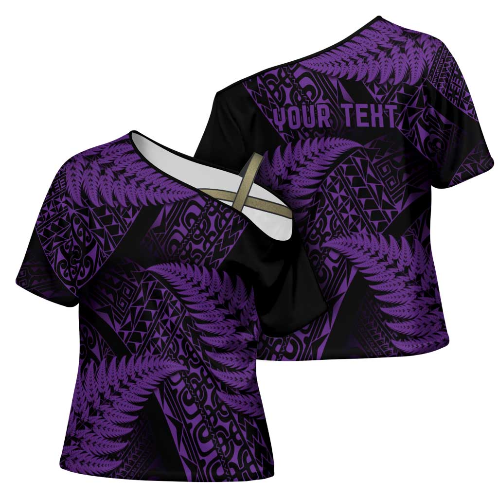 New Zealand Rugby Pacific Personalised Cross Shoulder Shirt All Purple Maori Pasifika Fern Pattern - Aussie Hoodie