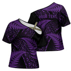 New Zealand Rugby Pacific Personalised Cross Shoulder Shirt All Purple Maori Pasifika Fern Pattern - Aussie Hoodie
