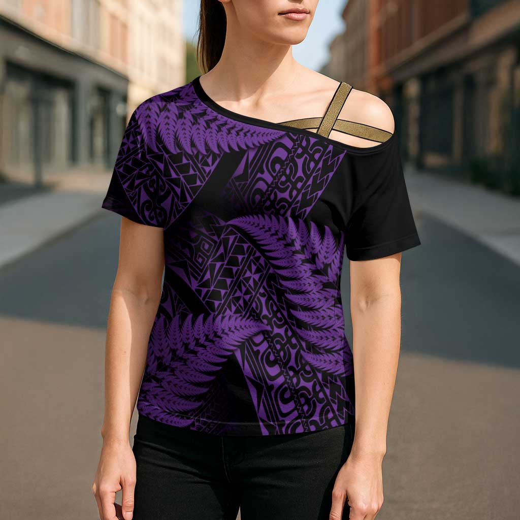 New Zealand Rugby Pacific Personalised Cross Shoulder Shirt All Purple Maori Pasifika Fern Pattern - Aussie Hoodie