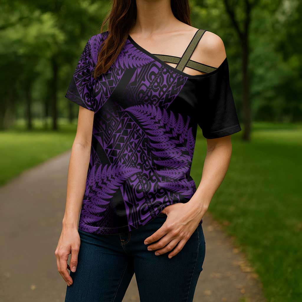 New Zealand Rugby Pacific Personalised Cross Shoulder Shirt All Purple Maori Pasifika Fern Pattern - Aussie Hoodie