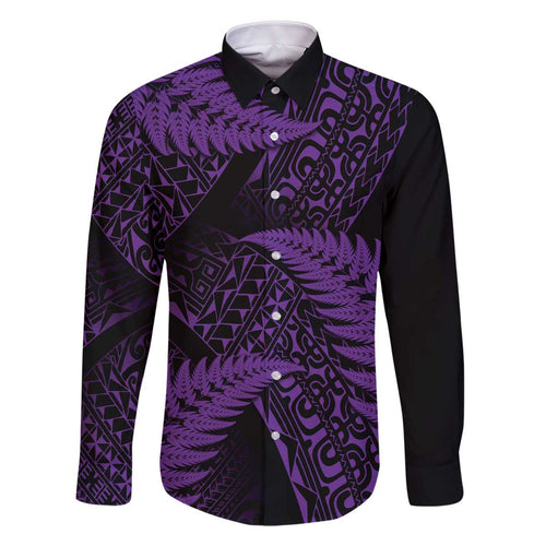 New Zealand Rugby Pacific Personalised Family Matching Off The Shoulder Long Sleeve Dress and Hawaiian Shirt All Purple Maori Pasifika Fern Pattern