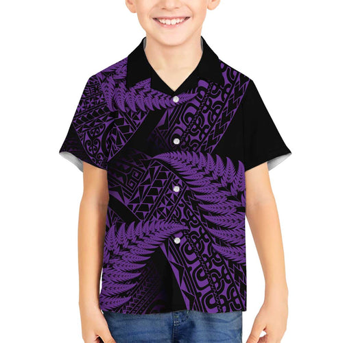 New Zealand Rugby Pacific Personalised Family Matching Off The Shoulder Long Sleeve Dress and Hawaiian Shirt All Purple Maori Pasifika Fern Pattern