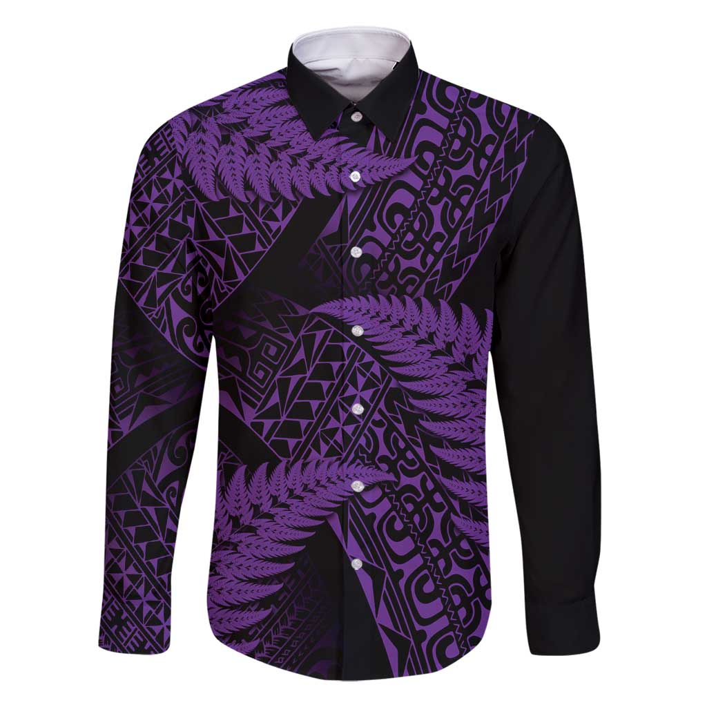 New Zealand Rugby Pacific Personalised Family Matching Off Shoulder Maxi Dress and Hawaiian Shirt All Purple Maori Pasifika Fern Pattern